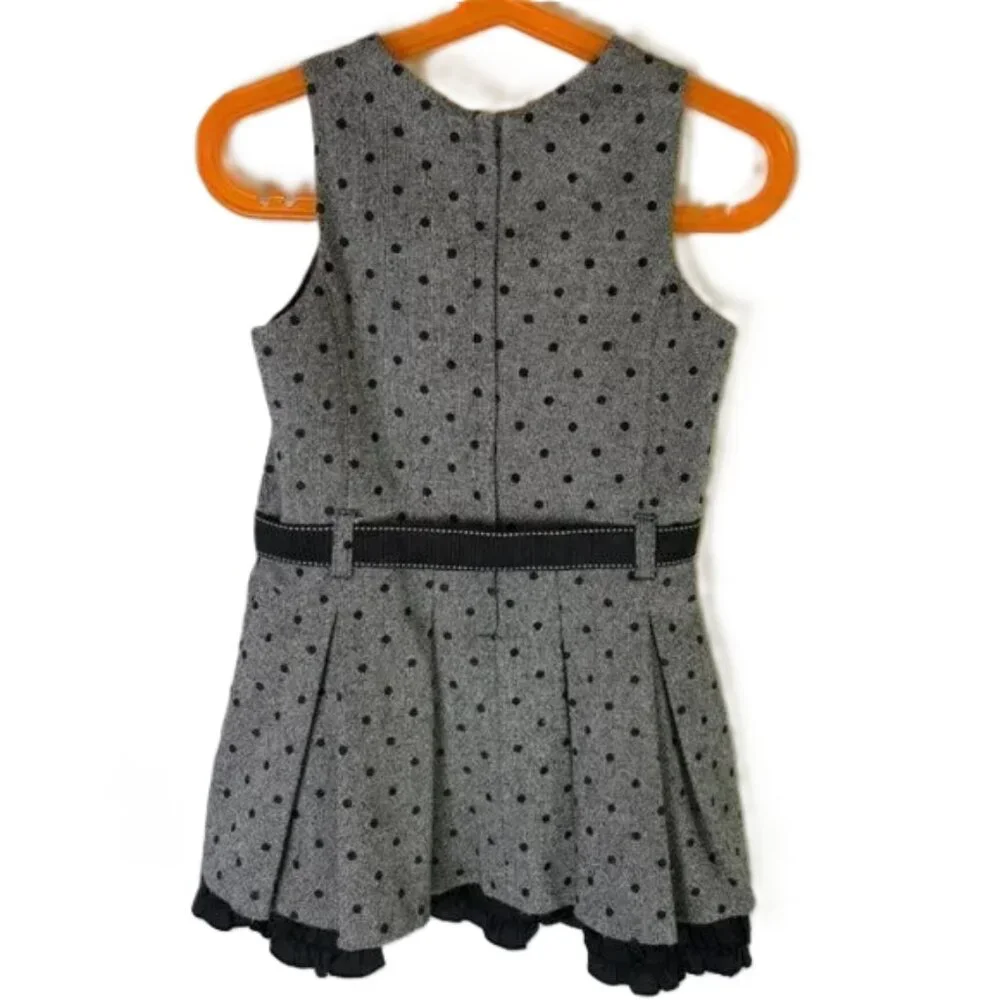 Origami Girl's Size 3 Pleated Jumper Wool Blend Gray Black Polka Dot Ribbon Belt